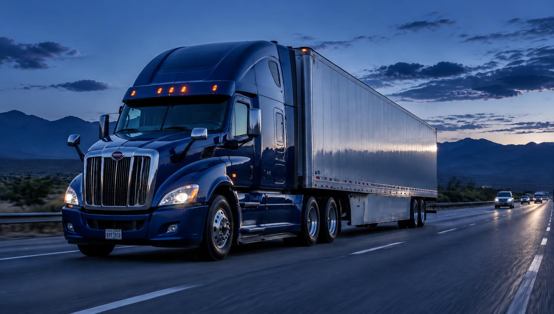 Navy semi truck on the interstate at sunset